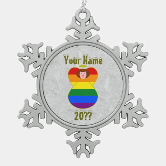ゲイプライドエンジェルレインボーフラッグオーバーンヘア スノーフレークピューターオーナメント (正面)