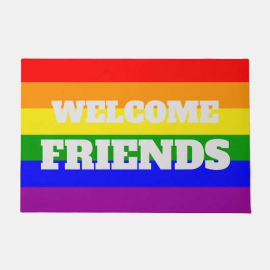 ゲイプライドレインボーフラッグウェルカムフレンズ ドアマット (正面)