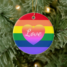 ゲイプライドレインボーフラッグハートLGBTQクリスマス セラミックオーナメント