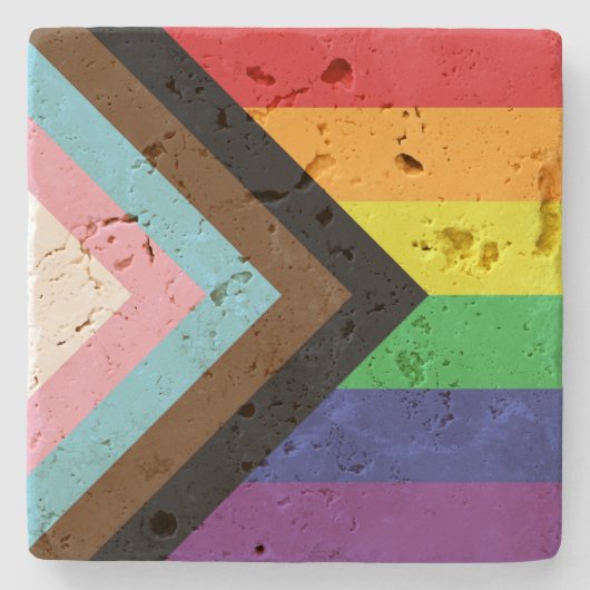 ゲイプライドレインボー国旗のプログレッシブLGBTQIA+ ストーンコースター (正面)
