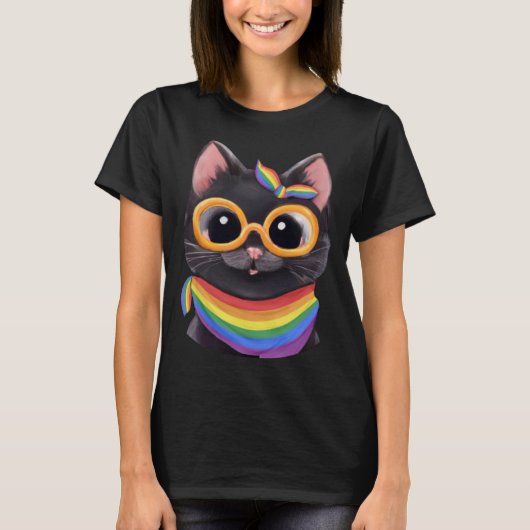 ゲイプライド国旗の色と可愛い猫プライド味方 Tシャツ (正面)