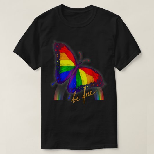 ゲイプライド国旗蝶LGBT CSD無料，ゲイgif Tシャツ (デザイン正面)