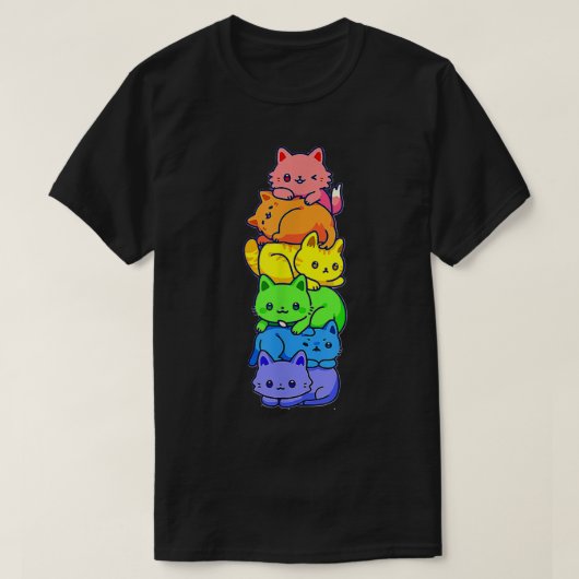 ゲイプライド猫LGBTかわいい猫が可愛いアニメのライを山積み Tシャツ (デザイン正面)