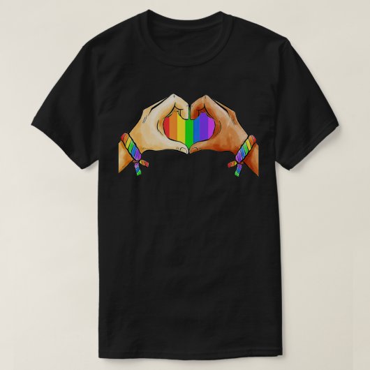 ゲイプライド衣料品LGBTレインボーフラッグハートユニティ Tシャツ (デザイン正面)