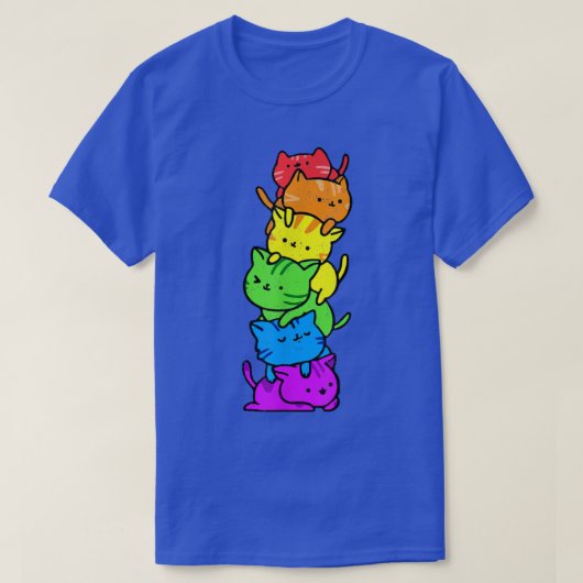 ゲイプライドLGBTかわいい猫が可愛いアニメの虹を山積み Tシャツ (デザイン正面)