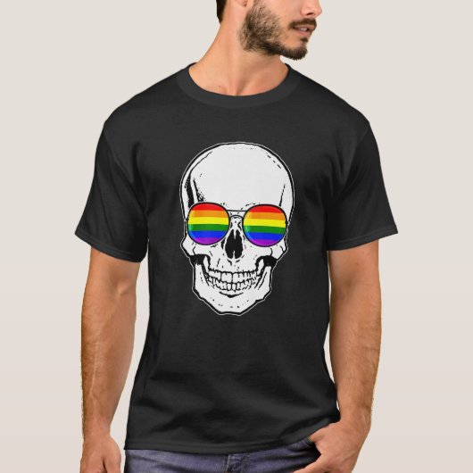 ゲイプライドLGBTスカルとレインボーサングラス Tシャツ (正面)