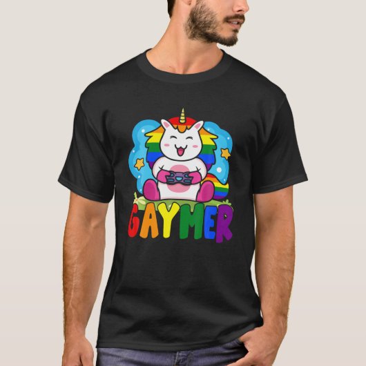 ゲイマーおもしろいプライドLGBTフラッグUnicornのビデ遊オ Tシャツ (正面)