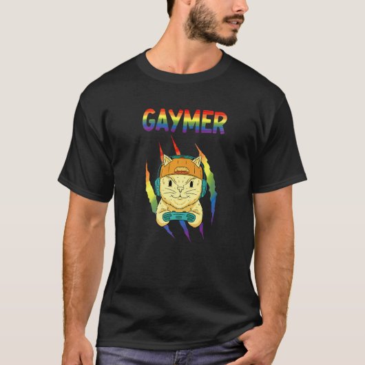 ゲイマー猫LGBTQ+プライド Tシャツ (正面)