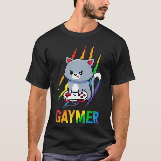 ゲイマーLGBT猫プライドレインボービデオゲーム愛好家G Tシャツ (正面)