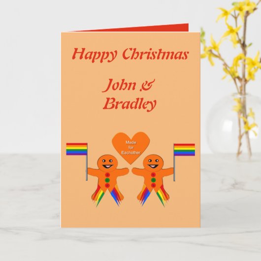 ゲイメンズクリスマスジンジャーブレッドカスタムカップル カード (黄色い花)