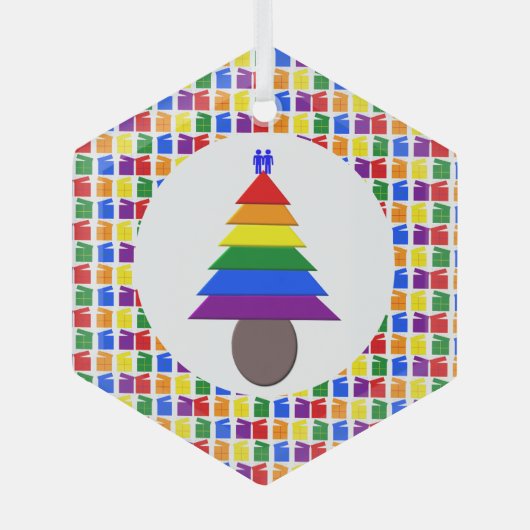 ゲイメンレインボークリスマスツリーとプレゼント ガラスオーナメント (正面)