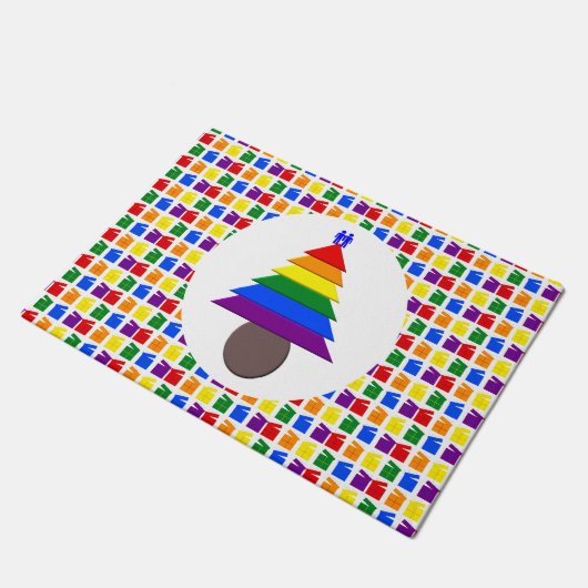 ゲイメンレインボークリスマスツリーとプレゼント ドアマット (アングル)