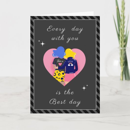 ゲイモダンカップルLGBTQバレンタインデーかわいいグレー シーズンカード (正面)