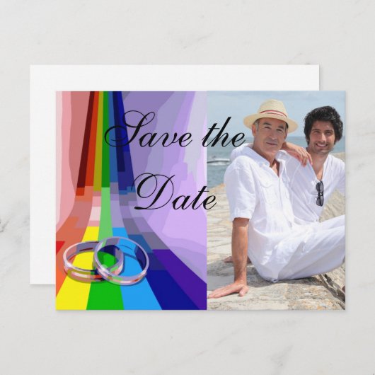 ゲイレインボーとリングや輪ウェディング日付を保存 案内ポストカード (正面/裏面)