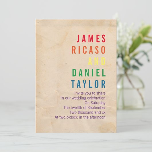 ゲイレインボー文字アンティーク結婚紙 招待状 (スタンド正面)