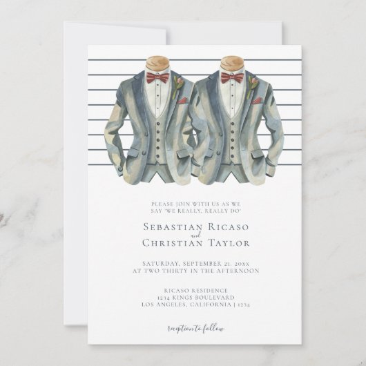 ゲイ結婚のスーツとバウのネクタイの二室 招待状 (正面)