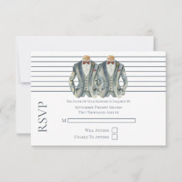 ゲイ結婚のスーツとボウタイの2つのグルームRSVP 出欠カード
