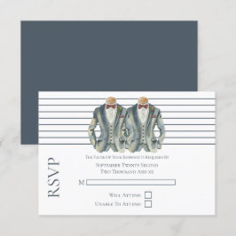 ゲイ結婚のスーツとボウタイの2つのグルームRSVP 出欠カード