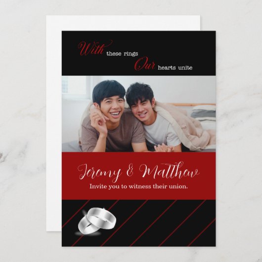 ゲイ結婚のブラック&ブルゴーニュの写真結婚ズ 招待状 (正面/裏面)