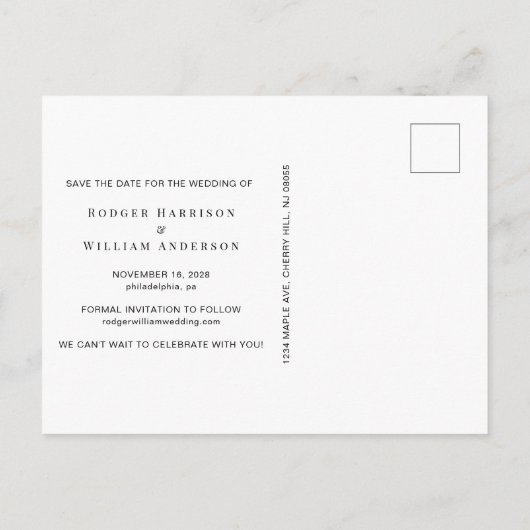 ゲイ結婚のレインボー写真の日付を保存 案内ポストカード (裏面)