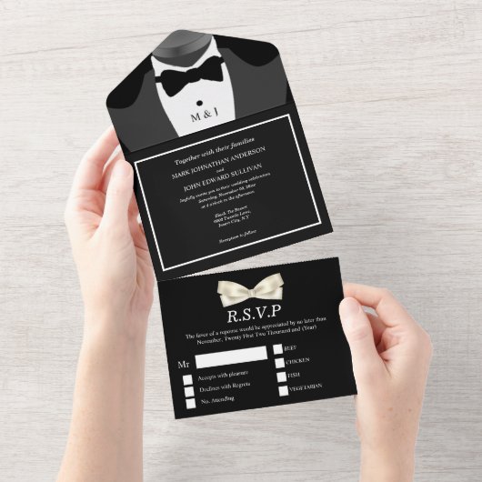 ゲイ結婚カップルの白黒蝶ネクタイ オールインワン招待状 (貼ってはがせる)