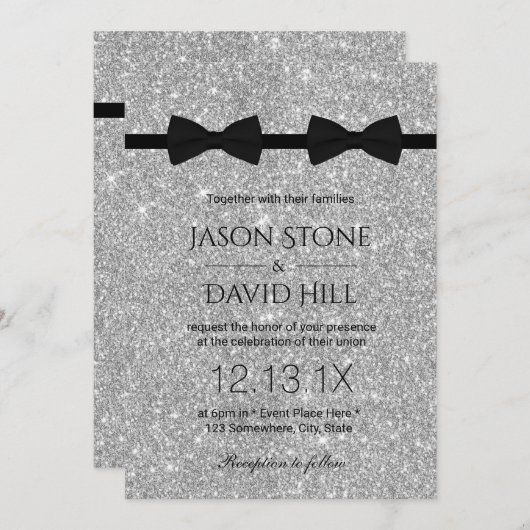 ゲイ結婚ズダブルボウタイズモダンシルバーグリッター 招待状 (正面/裏面)