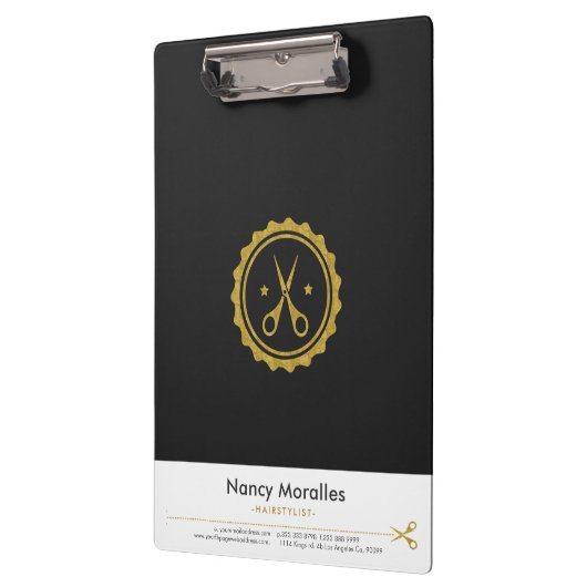 ゲイ金ゴールドとホワイトヘアスタイリストハサミ&サークルログ クリップボード (左)