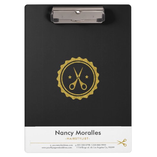 ゲイ金ゴールドとホワイトヘアスタイリストハサミ&サークルログ クリップボード (正面)