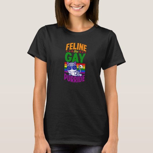 ゲイ プライド ゲイ 猫 LGBTQ クィア レインボー Tシャツ (正面)
