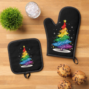 ゲイ LGBT プライド レインボー クリスマスツリー メリークリスマス 鍋つかみ&鍋敷きセット