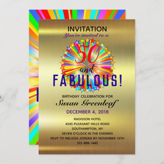 ゲイLGBTQ任意の年齢素晴らしい虹の誕生日金ゴールド 招待状 (正面/裏面)