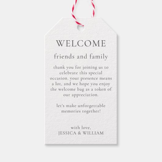 ゲストのためのミニマリストエレガントな結婚式ウェルカムバッグ ギフトタグ (正面)