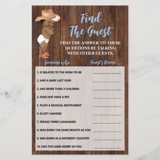ゲストオウムカウボーイベビーシャワーゲームカードを見つける チラシ (正面)
