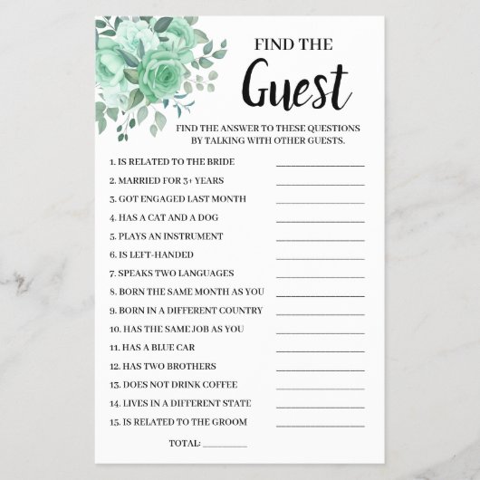 ゲストグリーンローズブライダルシャワーゲームカードの検索 チラシ (正面)