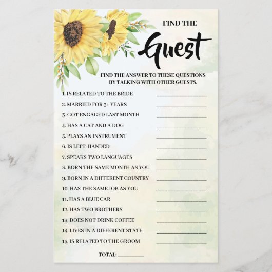 ゲストサンフラワーズブライダルシャワーゲームカードの検索 チラシ (正面)