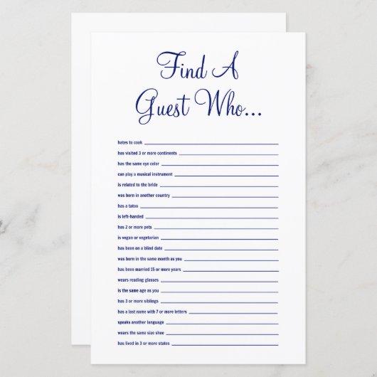 ゲストネイビーブルーブライダルシャワーゲームの検索 (正面/裏面)