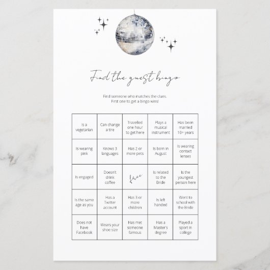 ゲストビンゴディスコボールの検索ブライダルシャワーゲーム (正面)