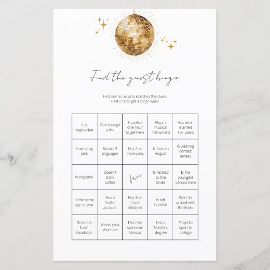 ゲストビンゴディスコボールの検索ブライダルシャワーゲーム (正面)