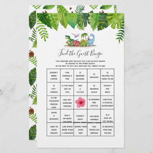 ゲストビンゴ恐竜の赤ちゃんシャワーゲームを見つける (正面/裏面)