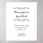 ゲストブックにご署名ください エレガントな青い結婚式 ポスター (正面)