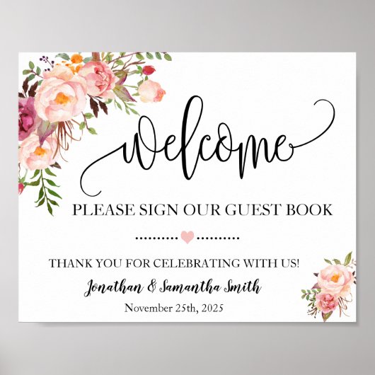 ゲストブックのウェルカムサイン ウェディング ピンク フラワーリング ポスター (正面)
