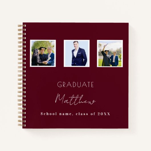 ゲストブックの卒業式バーガンディ写真名 ノートブック (正面)