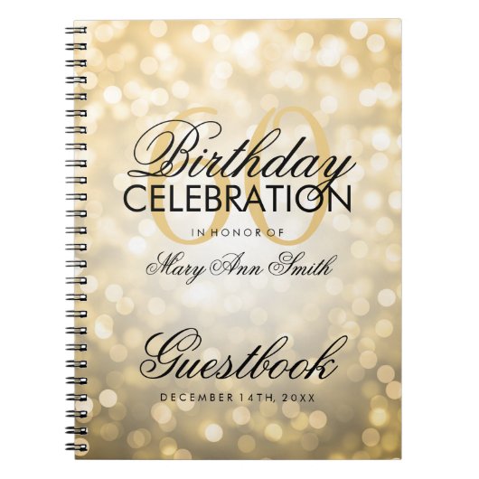 ゲストブックの第60誕生会の金ゴールドのグリッターライト ノートブック (正面)