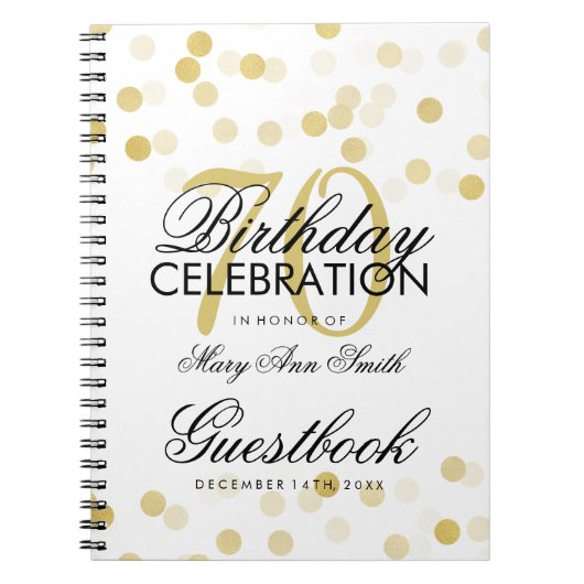 ゲストブックの第70誕生日の金ゴールドホイルのグリッターライト ノートブック (正面)