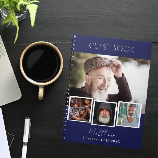 ゲストブックの誕生日ネイビーブルーフォトコラージュ ノートブック