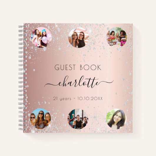 ゲストブックの誕生日バラ金ゴールドシルバーグリッター写真 ノートブック (正面)