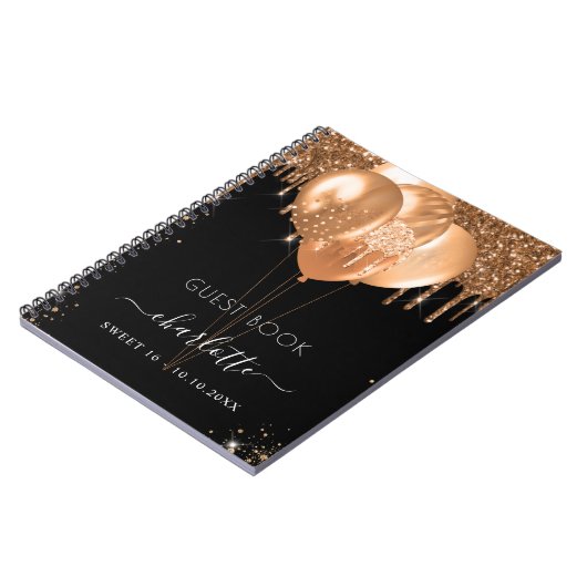 ゲストブックスイート16ブラック金ゴールドグリッター名パーティー ノートブック (左側)