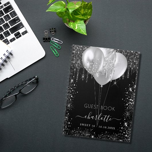 ゲストブックスウィート16ブラックシルバーグリッター名 ノートブック