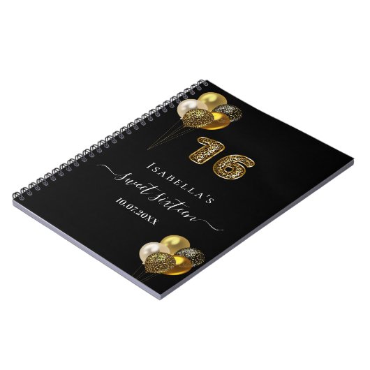 ゲストブックスウィート16ブラック金ゴールドヒョウ風船 ノートブック (左側)