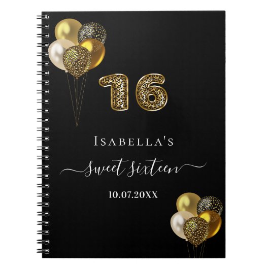 ゲストブックスウィート16ブラック金ゴールドヒョウ風船 ノートブック (正面)
